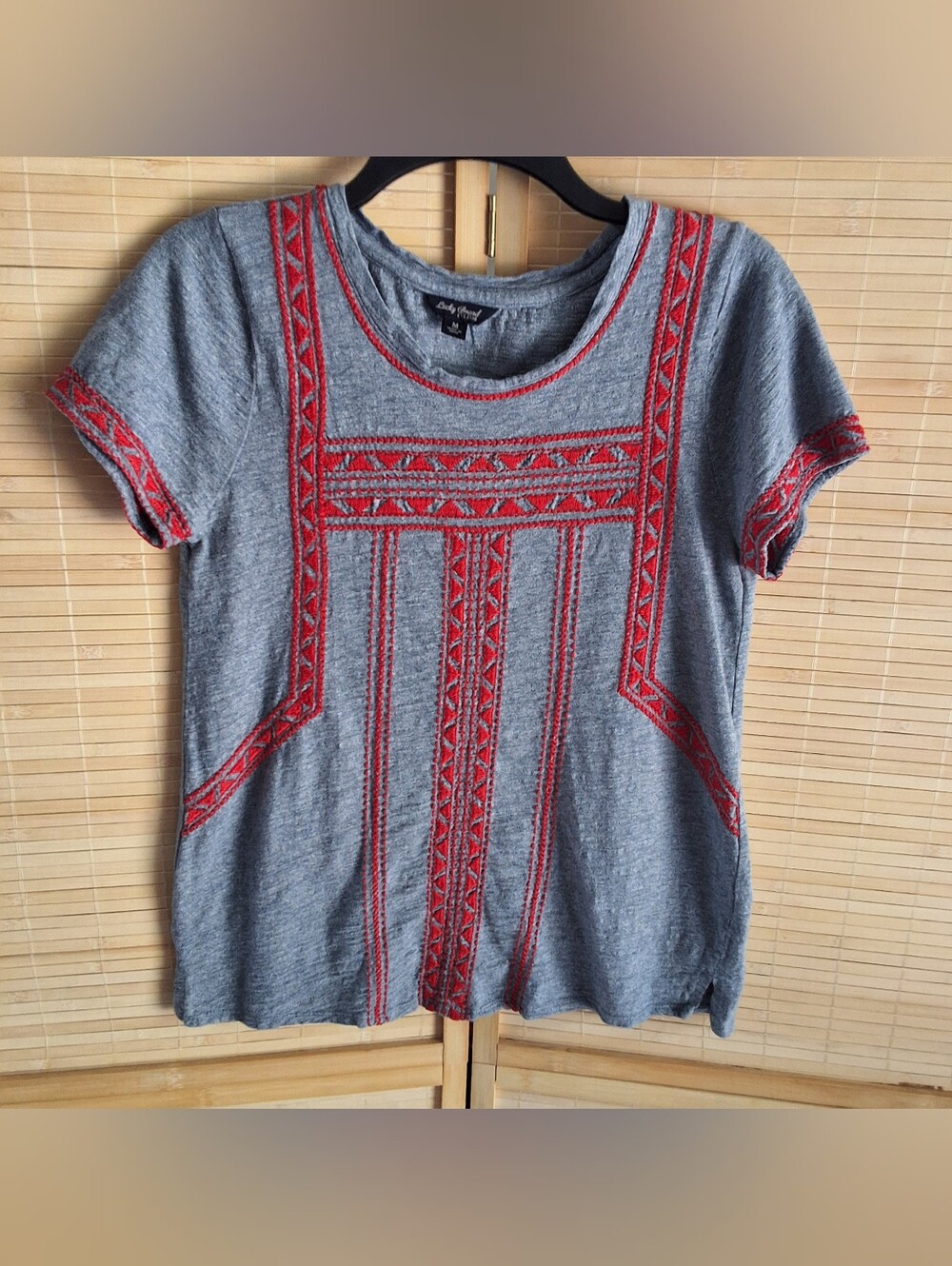 Lucky Brand Gray Short-Sleeve Tee with Red Embroidered Trim